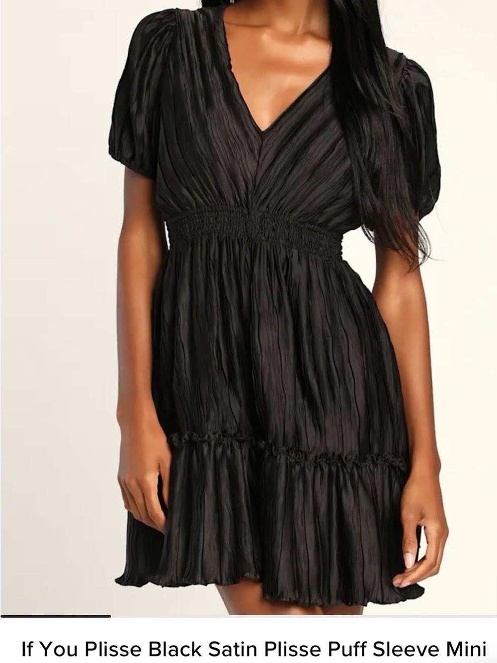 Plisse Black Satin Puff Sleeve Mini Dress